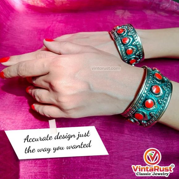 single Boho Kuchi Cuff Bracelet With Stones, Tribal Handmade Cuff Bracelet - Picture 6 of 6